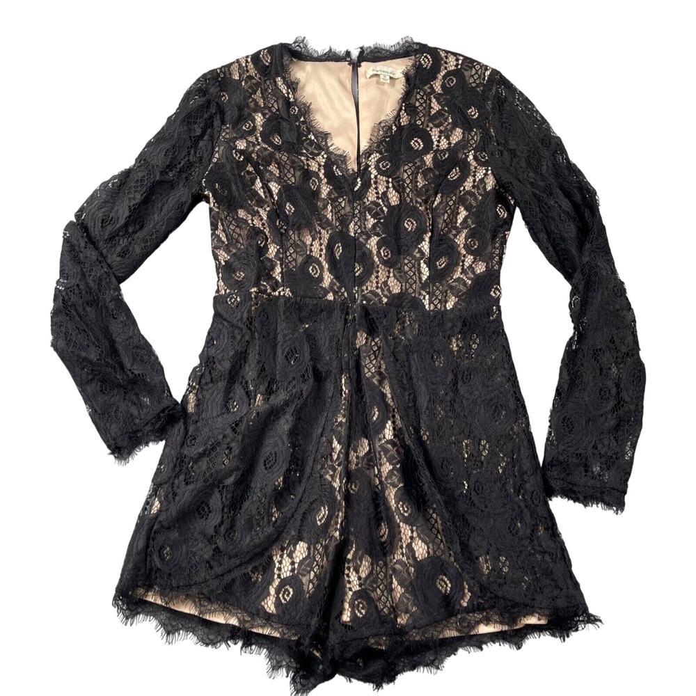 Francescas Romper Juniors Medium Black Nude Lace Overlay V-neck Long Sleeve